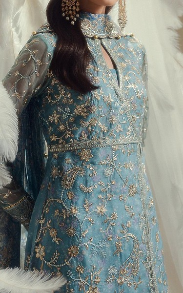 Aik Hippie Blue Organza Suit | Pakistani Embroidered Chiffon Dresses USA- Image 2