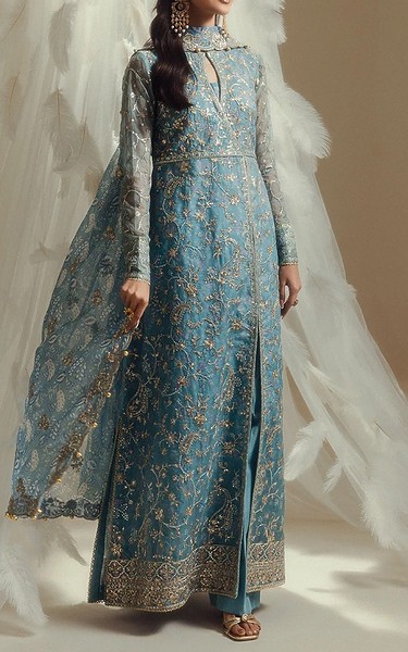 Aik Hippie Blue Organza Suit | Pakistani Embroidered Chiffon Dresses USA- Image 3