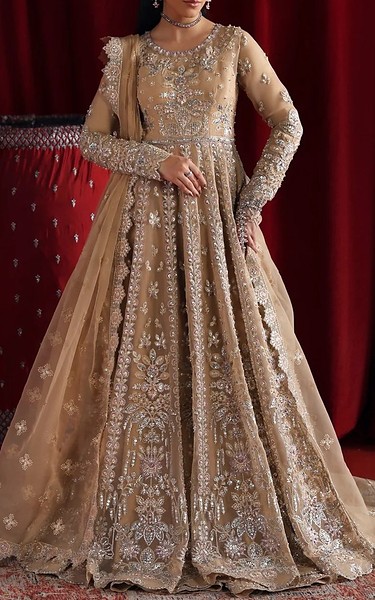 Akbar Aslam Fawn Organza Suit | Pakistani Embroidered Chiffon Dresses USA- Image 1