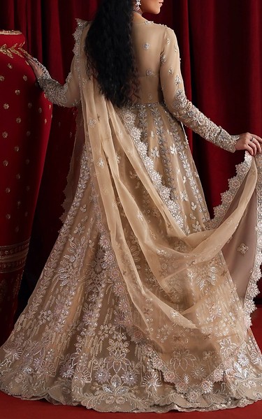 Akbar Aslam Fawn Organza Suit | Pakistani Embroidered Chiffon Dresses USA- Image 3