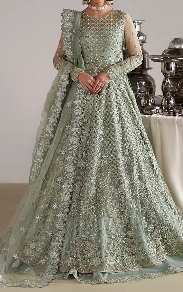 Akbar Aslam Summer Green Net Suit | Pakistani Embroidered Chiffon Dresses USA- Image 1