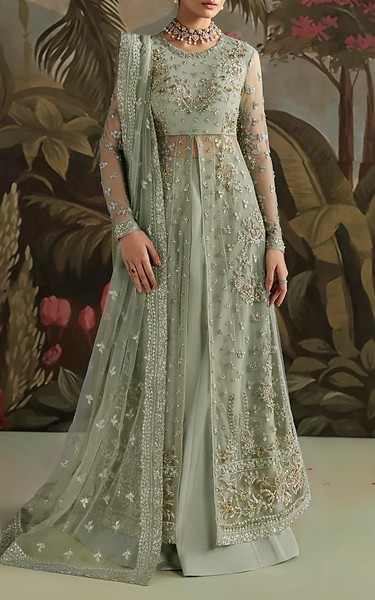 Akbar Aslam Sea Mist Net Suit | Pakistani Embroidered Chiffon Dresses USA- Image 1