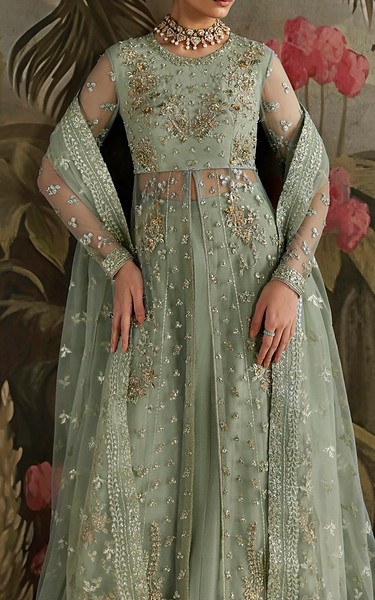 Akbar Aslam Sea Mist Net Suit | Pakistani Embroidered Chiffon Dresses USA- Image 2