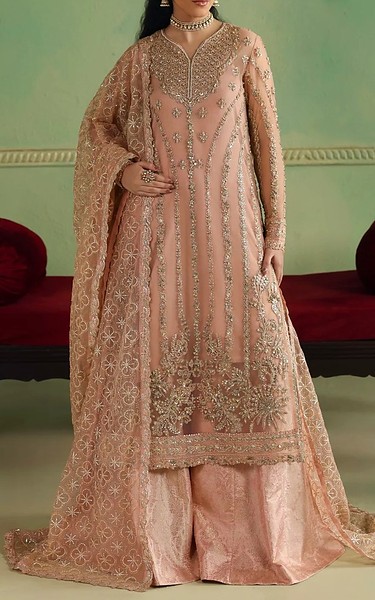 Akbar Aslam Pink Net Suit | Pakistani Embroidered Chiffon Dresses USA- Image 1
