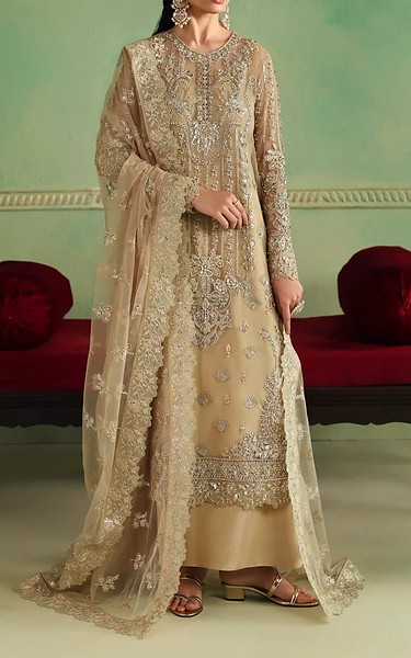 Akbar Aslam Fawn Net Suit | Pakistani Embroidered Chiffon Dresses USA- Image 1