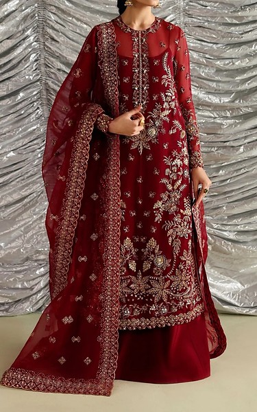 Akbar Aslam Maroon Organza Suit | Pakistani Embroidered Chiffon Dresses USA- Image 1