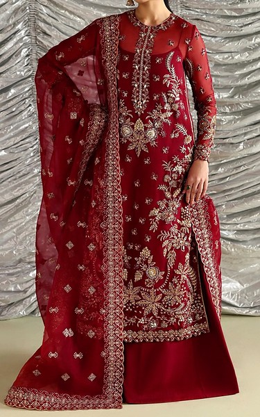 Akbar Aslam Maroon Organza Suit | Pakistani Embroidered Chiffon Dresses USA- Image 2