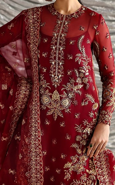 Akbar Aslam Maroon Organza Suit | Pakistani Embroidered Chiffon Dresses USA- Image 3
