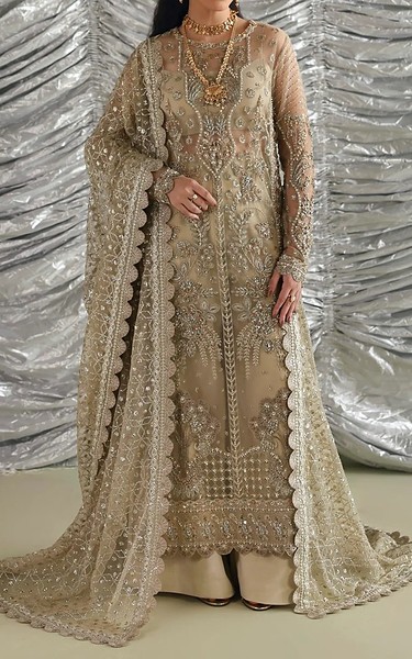Akbar Aslam Beige Net Suit | Pakistani Embroidered Chiffon Dresses USA- Image 1