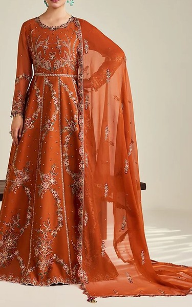 Alizeh Bright Orange Chiffon Suit | Pakistani Embroidered Chiffon Dresses USA- Image 1