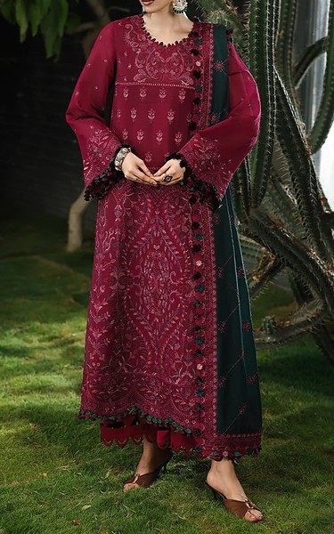 Asim Jofa Magenta Paper Cotton Suit | Pakistani Embroidered Chiffon Dresses USA- Image 1