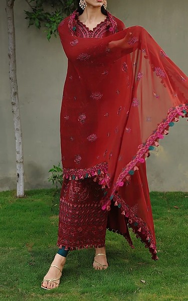 Asim Jofa Scarlet Paper Cotton Suit | Pakistani Embroidered Chiffon Dresses USA- Image 2