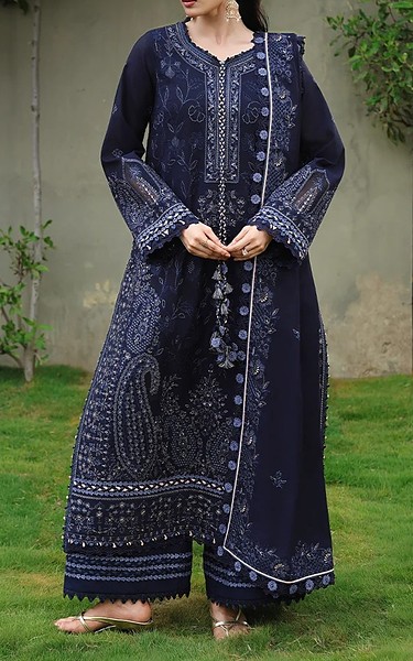 Asim Jofa Navy Paper Cotton Suit | Pakistani Embroidered Chiffon Dresses USA- Image 1