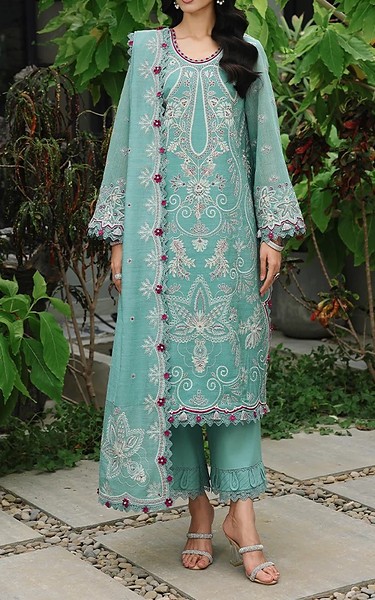 Asim Jofa Green Paper Cotton Suit | Pakistani Embroidered Chiffon Dresses USA- Image 1