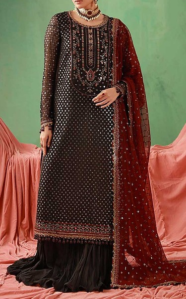 Asim Jofa Black Chiffon Suit | Pakistani Embroidered Chiffon Dresses USA- Image 1