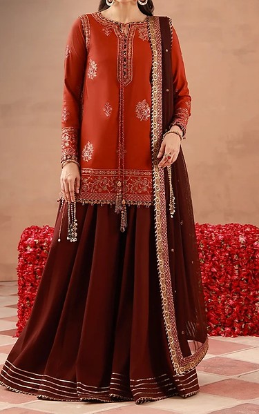 Asim Jofa Rust Silk Suit | Pakistani Embroidered Chiffon Dresses USA- Image 1