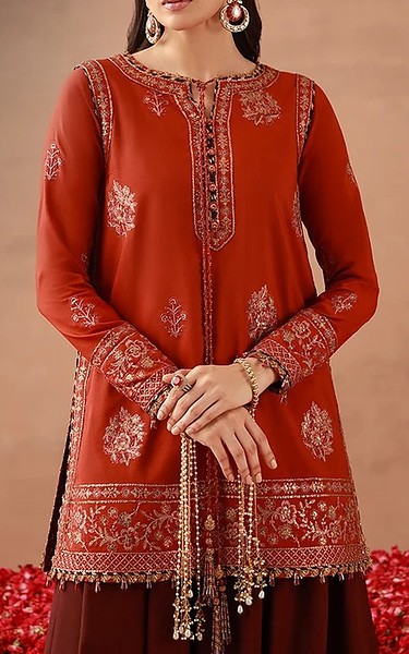 Asim Jofa Rust Silk Suit | Pakistani Embroidered Chiffon Dresses USA- Image 3