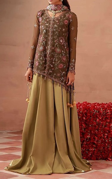Asim Jofa Olive Chiffon Suit | Pakistani Embroidered Chiffon Dresses USA- Image 1
