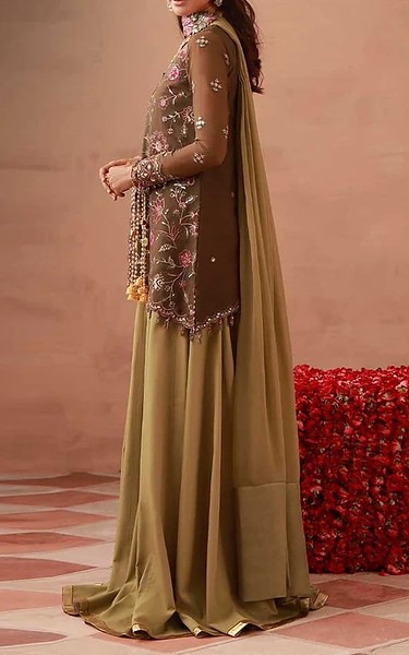 Asim Jofa Olive Chiffon Suit | Pakistani Embroidered Chiffon Dresses USA- Image 2