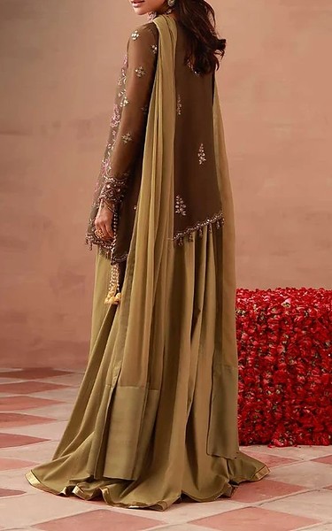Asim Jofa Olive Chiffon Suit | Pakistani Embroidered Chiffon Dresses USA- Image 3