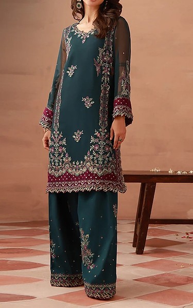 Asim Jofa Teal Chiffon Suit (2Pcs) | Pakistani Embroidered Chiffon Dresses USA- Image 1