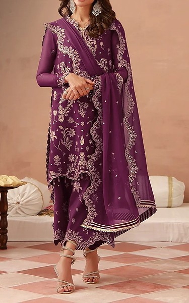 Asim Jofa Plum Chiffon Suit | Pakistani Embroidered Chiffon Dresses USA- Image 1