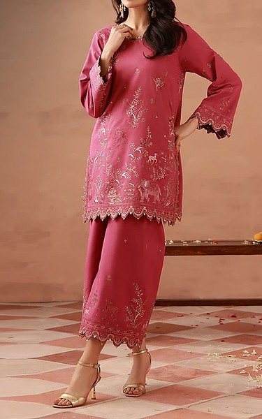 Asim Jofa Pink Silk Suit (2Pcs) | Pakistani Embroidered Chiffon Dresses USA- Image 2
