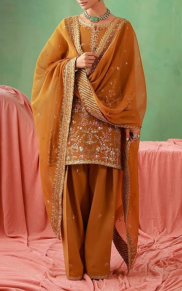 Asim Jofa Mustard Chiffon Suit | Pakistani Embroidered Chiffon Dresses USA- Image 1