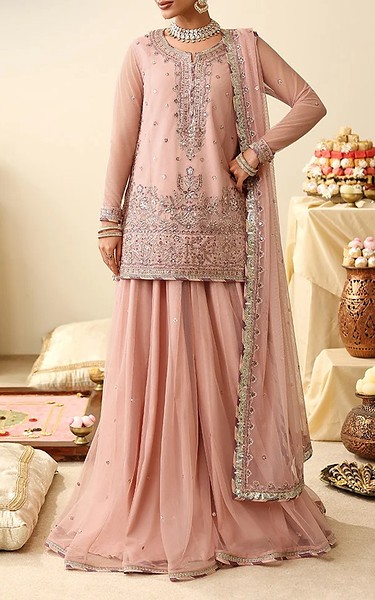Asim Jofa Rose Pink Net Suit | Pakistani Embroidered Chiffon Dresses USA- Image 1