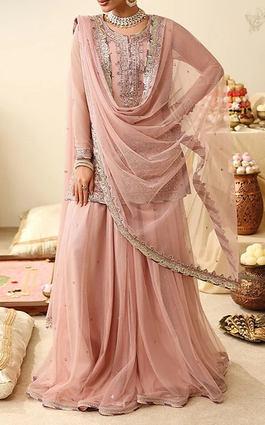 Asim Jofa Rose Pink Net Suit | Pakistani Embroidered Chiffon Dresses USA- Image 3