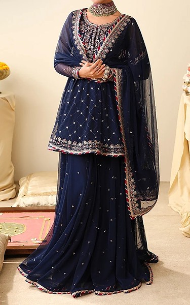 Asim Jofa Blue Net Suit | Pakistani Embroidered Chiffon Dresses USA- Image 1