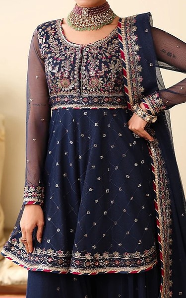 Asim Jofa Blue Net Suit | Pakistani Embroidered Chiffon Dresses USA- Image 2
