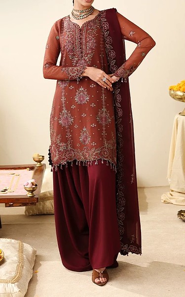 Asim Jofa Rust Chiffon Suit | Pakistani Embroidered Chiffon Dresses USA- Image 1