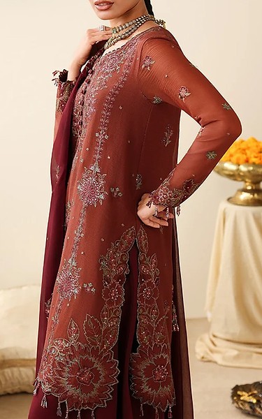 Asim Jofa Rust Chiffon Suit | Pakistani Embroidered Chiffon Dresses USA- Image 2
