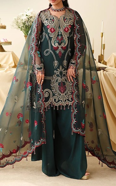 Asim Jofa Teal Organza Suit | Pakistani Embroidered Chiffon Dresses USA- Image 1