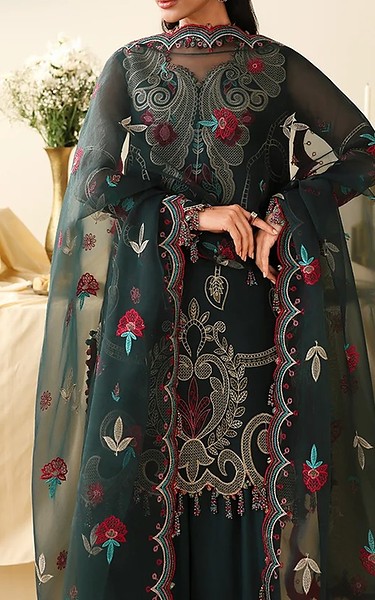 Asim Jofa Teal Organza Suit | Pakistani Embroidered Chiffon Dresses USA- Image 2