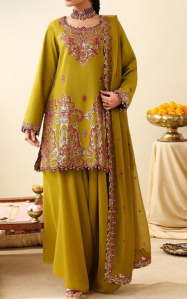 Asim Jofa Olive Green Silk Suit | Pakistani Embroidered Chiffon Dresses USA- Image 1