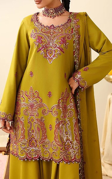 Asim Jofa Olive Green Silk Suit | Pakistani Embroidered Chiffon Dresses USA- Image 3