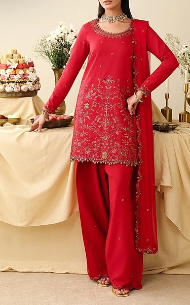 Asim Jofa Scarlet Silk Suit | Pakistani Embroidered Chiffon Dresses USA- Image 1