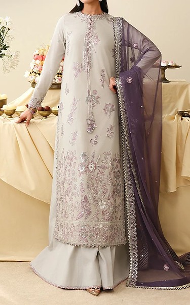 Asim Jofa Light Grey Silk Suit | Pakistani Embroidered Chiffon Dresses USA- Image 1