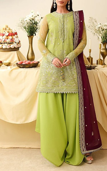 Asim Jofa Green Net Suit | Pakistani Embroidered Chiffon Dresses USA- Image 1