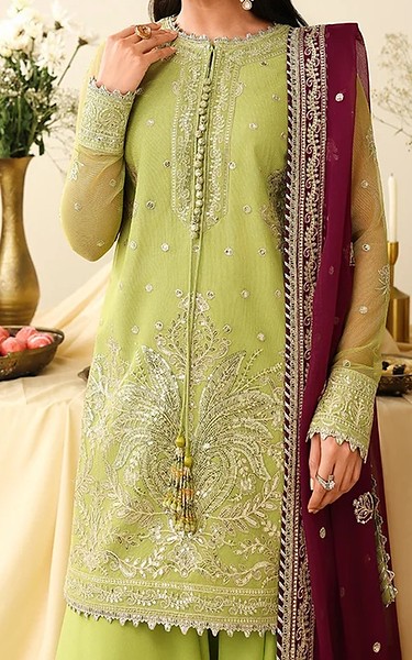 Asim Jofa Green Net Suit | Pakistani Embroidered Chiffon Dresses USA- Image 2