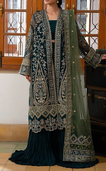 Ayzel Teal Green Organza Suit | Pakistani Embroidered Chiffon Dresses USA- Image 1