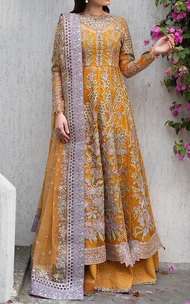 Ayzel Golden Yellow Organza Suit | Pakistani Embroidered Chiffon Dresses USA- Image 1
