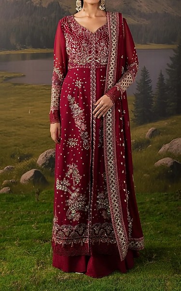 Daria Wine Chiffon Suit | Pakistani Embroidered Chiffon Dresses USA- Image 1