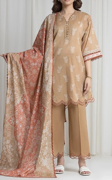 Edenrobe Tan Lawn Suit | Pakistani Lawn Dress in USA- Image 1
