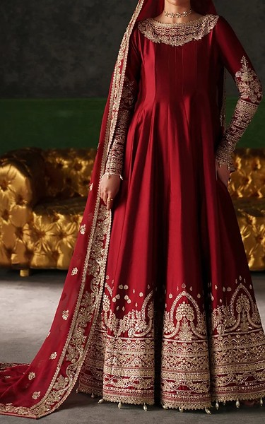 Emaan Adeel Maroon Raw Silk Suit | Pakistani Embroidered Chiffon Dresses USA- Image 1