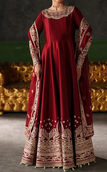 Emaan Adeel Maroon Raw Silk Suit | Pakistani Embroidered Chiffon Dresses USA- Image 2