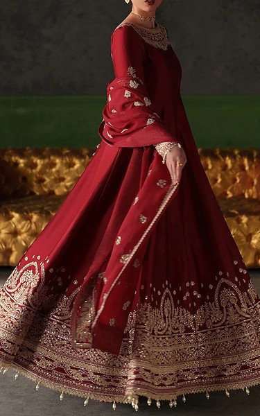 Emaan Adeel Maroon Raw Silk Suit | Pakistani Embroidered Chiffon Dresses USA- Image 3