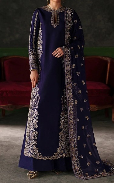 Emaan Adeel Navy Blue Raw Silk Suit | Pakistani Embroidered Chiffon Dresses USA- Image 1